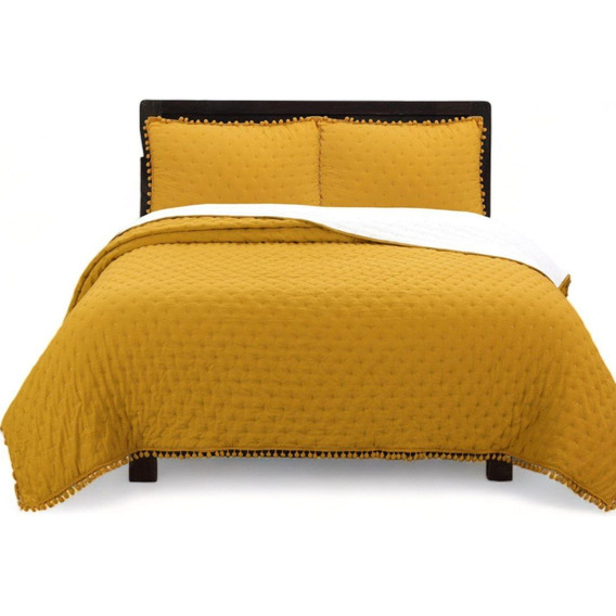 Cubrecama Colcha Cobertor Quilt De Algodon Con Pompon 2plaza