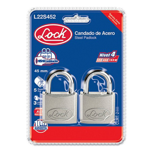 Juego Candados Acero 45mm Gancho Corto Misma Ll Lock L22s452 Color Gris