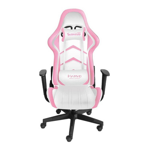 Silla de escritorio Marvo CH-106 gamer ergonómica  rosa y blanca con tapizado de cuero sintético