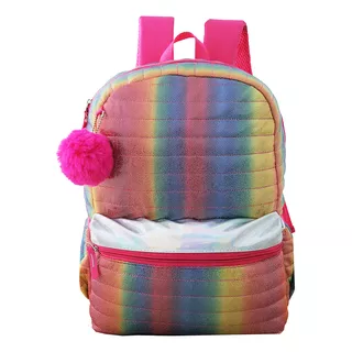 Mochila Escolar Juvenil Colorida Glitter Arco-íris Clio Cor 52042 Desenho Do Tecido Rosa