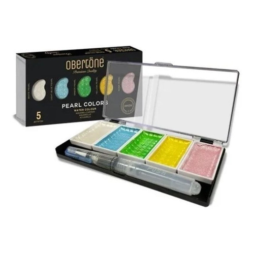 Set Con 5 Acuarelas Métalicas Obertöne Premium + Water Brush Color Pearl