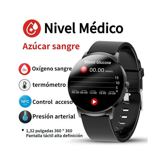 Reloj Inteligente Glucosa Hombre Y Mujer Nfc Smartwatch 2023 Color de la correa Negro