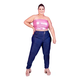 Calça Jeans Feminina Plus Size Cos Elastico Com Bolso Lycra