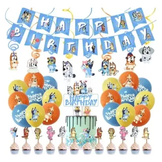 Set Decoración De Cumpleaños Perritos Azul Y Naranjo