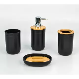 Set X4 Nordico Para Baño Negro Con Bamboo Redondo