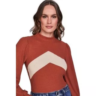 Blusa Bicolor Gola Alta Manga Longa Malha Tricot Lado Avesso