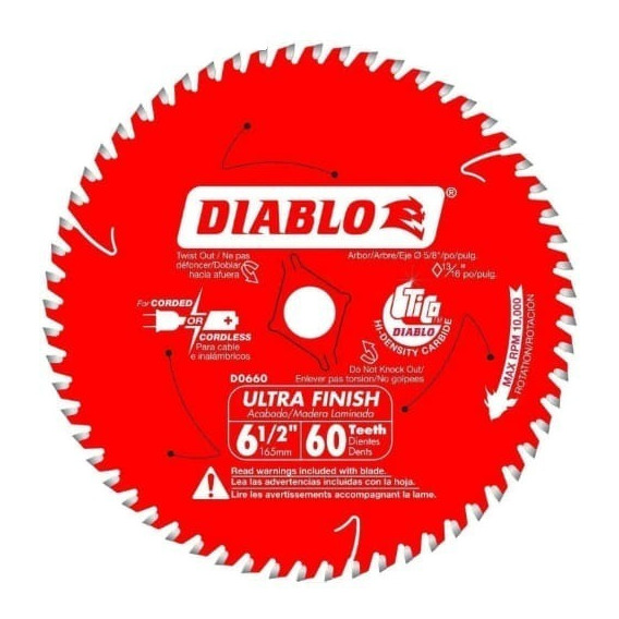 Disco Sierra Circular 6 1/2 Diablo 60 Dientes Ultra Fino 