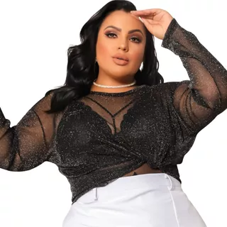 Plus Size Brilhosa Blusinha Transparente Tamanho Grande