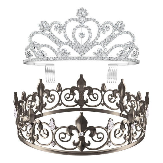 1 Set De 2 Coronas De Metal Cristal Rey Reina Novios Disfraz