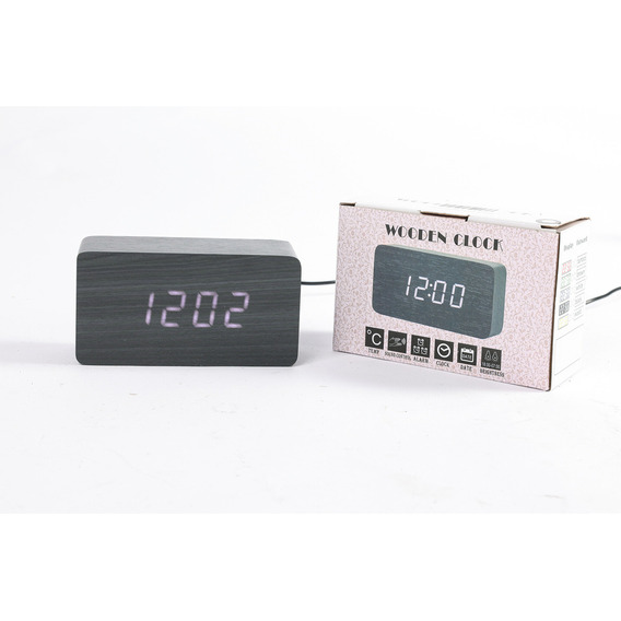 Reloj Despertador Con Fecha Y Temperatura Simil Madera Negro