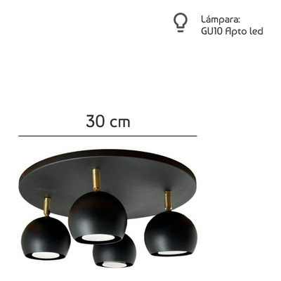 Plafon Redondo 4 Luces Mini Mun Negro Dorado Apto Gu10 Lmp