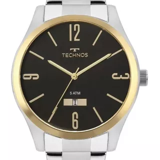 Relógio Technos Masculino Classic Steel 2115mnvs/1p Correia Prateado Bisel Dourado-escuro Fundo Preto