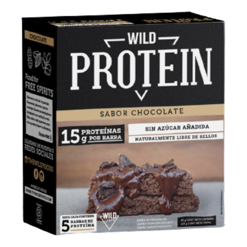 Suplemento en barra Wild Foods  Wild Protein proteína sabor chocolate en caja de 225g 5 un