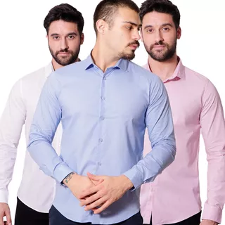 Kit 3 Camisas Social Custom Fit Básica Branca/azul/rosa