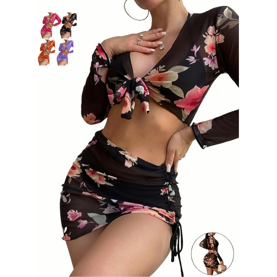 Traje De Baño De 4 Piezas Con Estampado Floral Secado Rápido