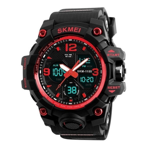 Reloj de pulsera Skmei 1155 de cuerpo color negro, analógico-digital, para hombre, fondo negro, con correa de poliuretano color negro, agujas color blanco y rojo, dial rojo, subesferas color negro, minutero/segundero gris, bisel color negro y rojo y hebilla doble