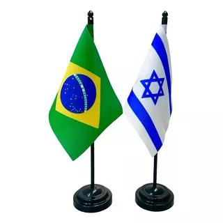 Kit Bandeira Bandeirinha De Mesa Pedestal Brasil E Israel 