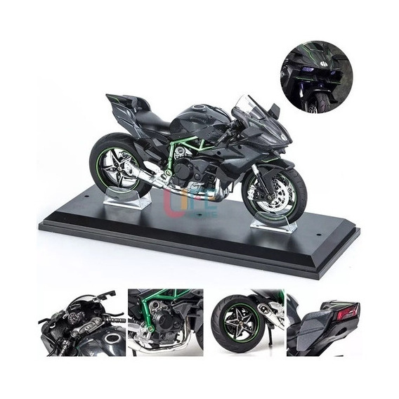 Kawasaki H2r Miniatura Moto Metal Con Luz Y Sonido 1:12 Color Negro