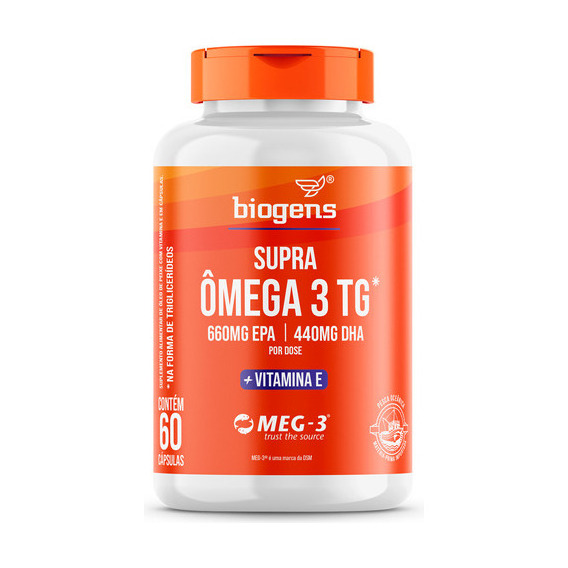 Supra Omega 3 + Vitamina E, 660 mg de EPA | 440 mg de DHA, sello de calidad internacional Meg-3®, 60 cápsulas, Biogen