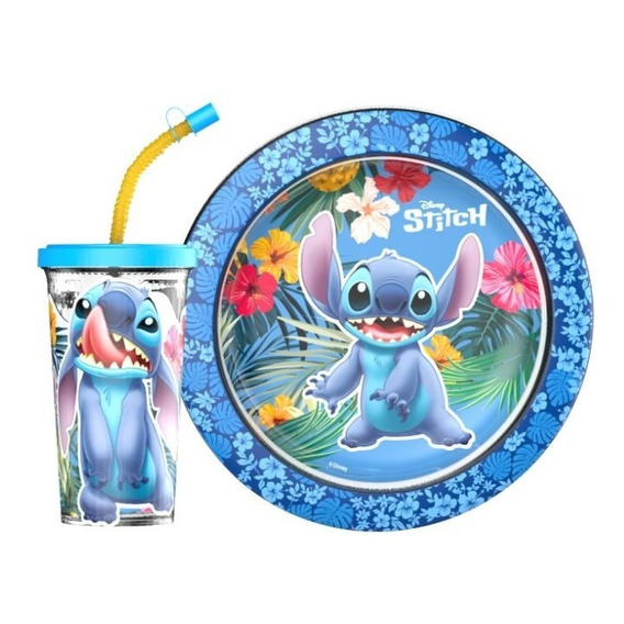 Set Regalo Stitch Plato Playo Y Vaso Sport Grande Blister