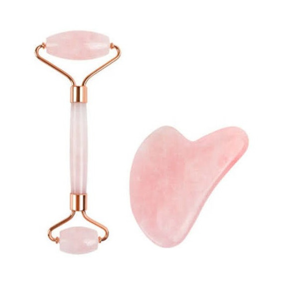 Rodillo + Gua Sha Piedra Cuarzo Rosa Masaje Facial Corporal 