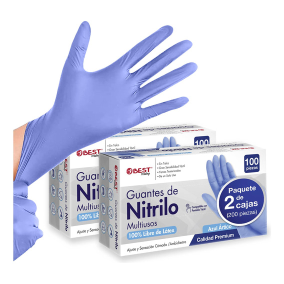 200 Guantes Premium Azul Claro Nitrilo Libre Látex Sin Polvo