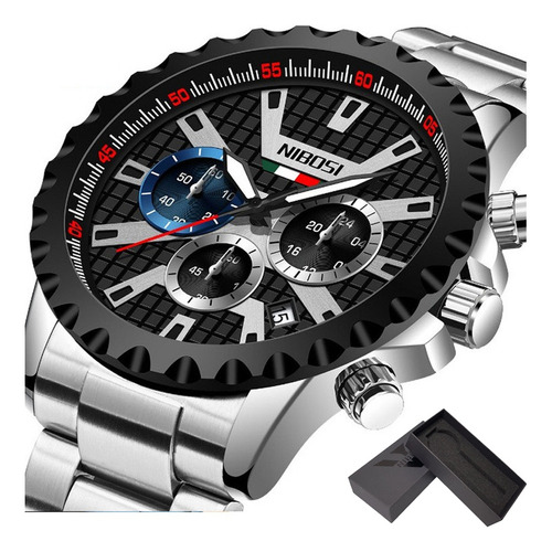 Relojes Nibosi Chronograph Luminous De Acero Inoxidable Color Del Fondo Silver Black