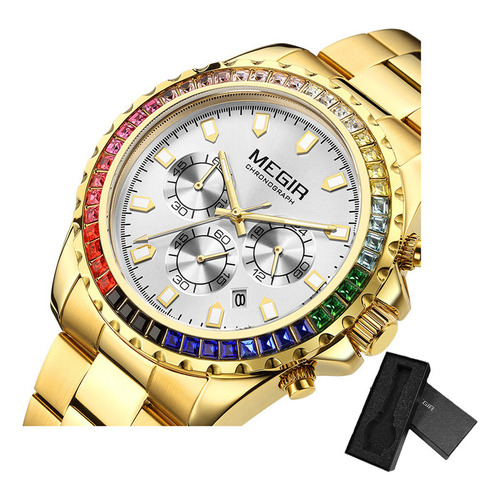 Reloj de pulsera Megir 2227 de cuerpo color sliver, analógico, para hombre, con correa de acero inoxidable color dorado y hebilla simple