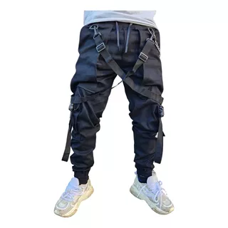 Calça Jogger Com Suspensório Bolsos Lateral Corrente Junto 