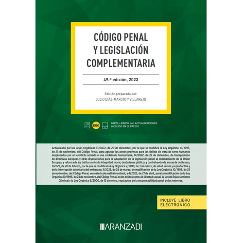 Codigo Penal Y Legislacion Complementaria 49 Ed, De Aa.vv. Editorial Aranzadi En Español