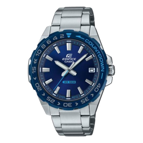 Reloj pulsera Casio EFV-120 con correa de acero inoxidable color plateado - fondo azul