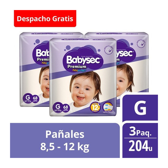 3 Paquetes Pañales Babysec Premium 204 Un Talla G