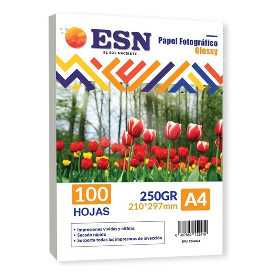 Papel Fotográfico Glossy A4 250 Gramos 100 Hojas Esn