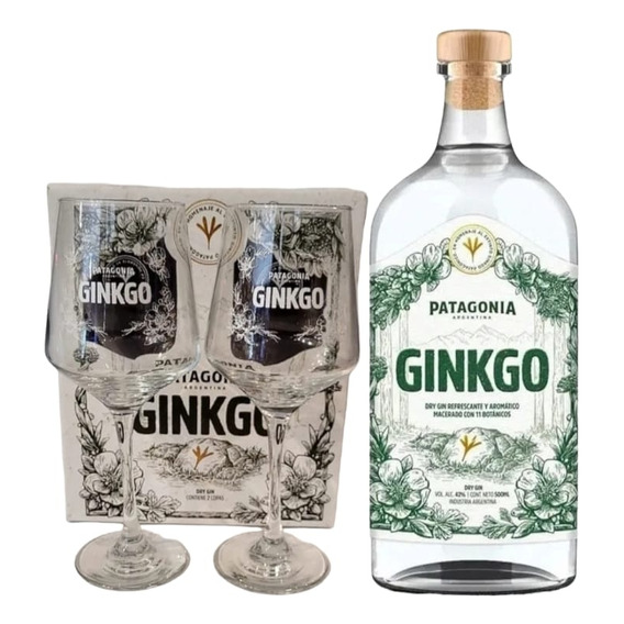 Botella Gin Ginkgo Patagonia + Caja Estuche 2 Copas Regalo