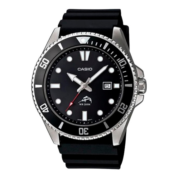 Reloj de pulsera Casio Classic MDV-106 de cuerpo color plateado, analógico, para hombre, fondo negro, con correa de resina color negro, agujas color plateado, blanco y rojo, dial blanco y plateado, mi