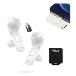 Micrófono Inalámbrico Corbatero Para Celular Ringo x2 Cubreviento Receptor USB-C y Adaptador Lightning Ideal Streaming Para Creadores de Contenido Influencers Color Blanco