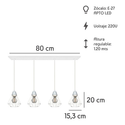 Colgante Jaula 4 Luces Diamante Blanco Deco Vintage Apto Led