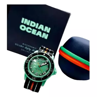 Reloj Swatch X Blancpain Océano Indico Edicion Especial Correa Verde Bisel Negro Fondo Verde