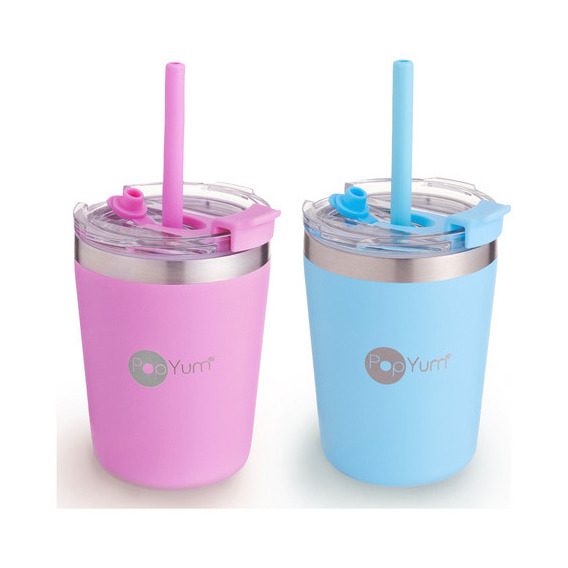 Popyum 2 Vasos Térmicos Infantil Tapa Y Popote 9oz Anti Fuga Color Azul y Rosa