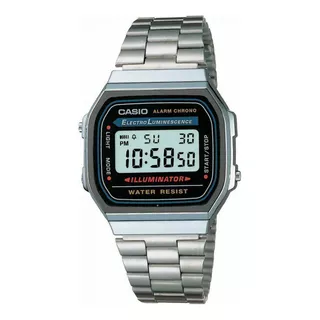 Reloj Pulsera Casio Youth Vintage A-168 De Cuerpo Color Plateado, Digital, Fondo Gris, Negro Y Azul, Con Correa De Acero Inoxidable Color Plateado, Dial Negro, Minutero/segundero Negro, Bisel Color Pl