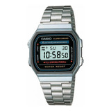 Reloj Pulsera Casio Youth Vintage A-168 De Cuerpo Color Plateado, Digital, Fondo Gris, Negro Y Azul, Con Correa De Acero Inoxidable Color Plateado, Dial Negro, Minutero/segundero Negro, Bisel Color Pl