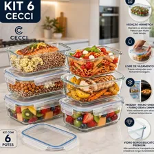 Kit 6 Potes de Vidro Herméticos Retangulares 640 mL para Marmita, Freezer e Organização