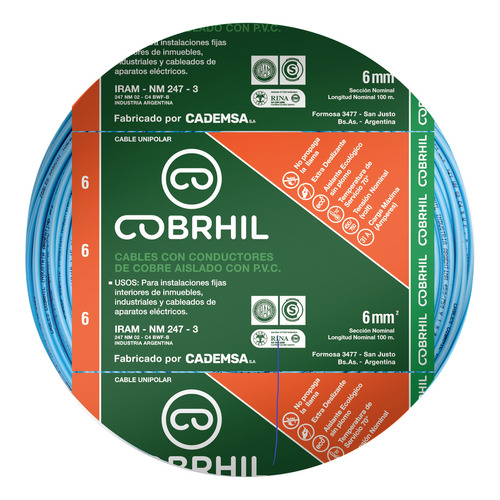 Cable Unipolar Normalizado Cobrhil 6 Mm 100 Mts Celeste