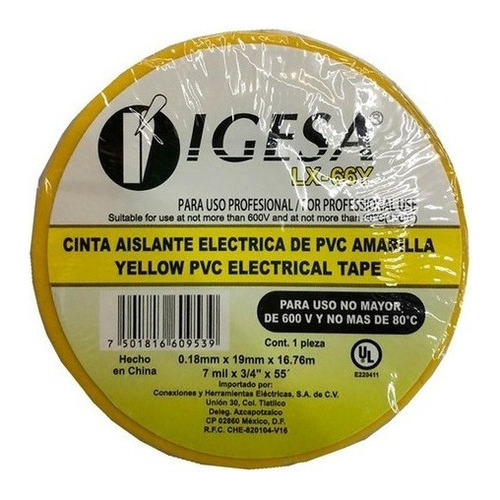 10 Cinta Eléctrica Aislante De Pvc 19mm 16.7mts Igesa Grande Amarillo