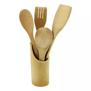 Set X 5 Utensilios De Madera Bambu Cucharas Espatula Y  Base