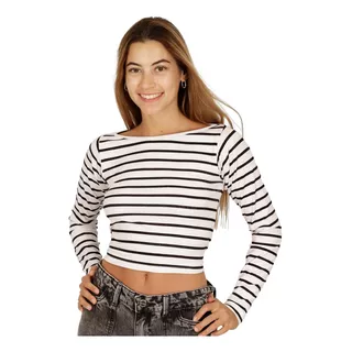 Polera Almendra I Blanca Rayas Negras Divino Jeans