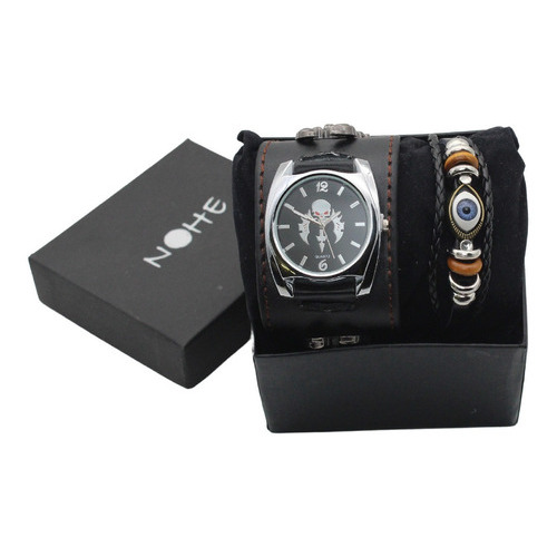 Reloj Hombre Punk Brazalere Pulsera Piel Set De Color De La Correa Negro