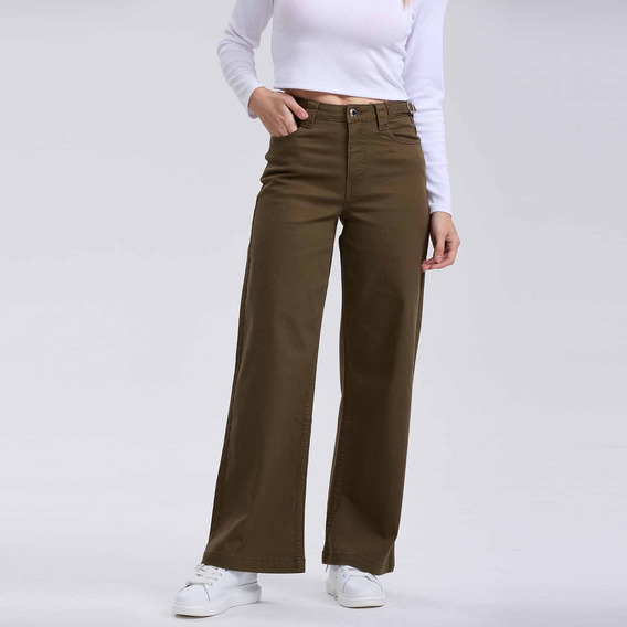 Jeans Mujer Wide Leg Color Verde Militar Fashion's Park