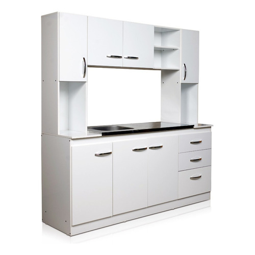 Mueble De Cocina Alacena + Bajomesada + Mesada Con Bacha Organizador Modular Color Blanco