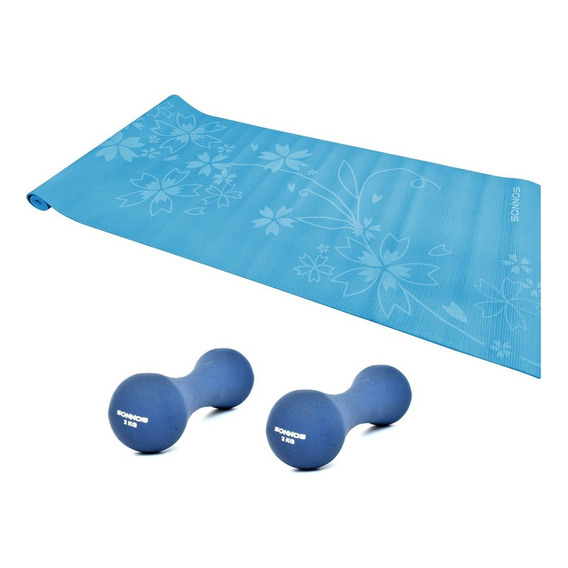 Kit Colchoneta Yoga Mat + 2 Mancuernas 2kg Recubierta Sonnos Color Azul y Celeste